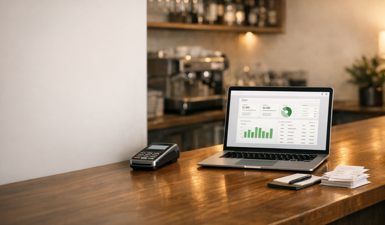 Bar-Arbeitsplatz mit Kasse und digitaler Auszahlungsvorbereitung